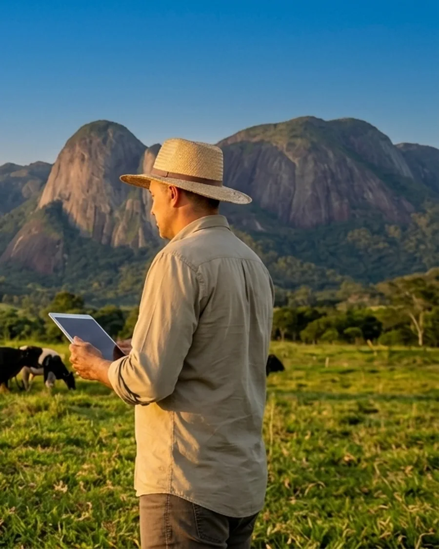 Produtor com tablet observando o rebanho, paisagem de serra ao fundo