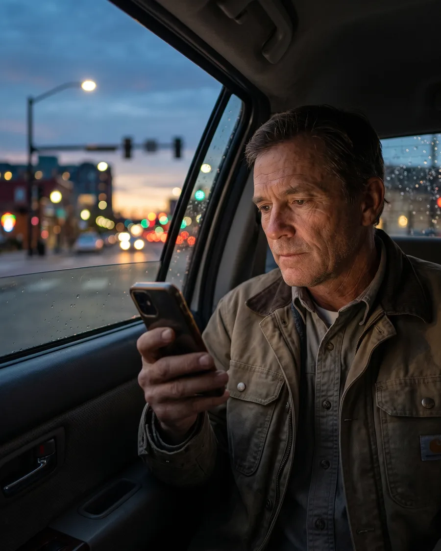 Produtor dentro do carro à noite, olhando o celular, cidade ao fundo