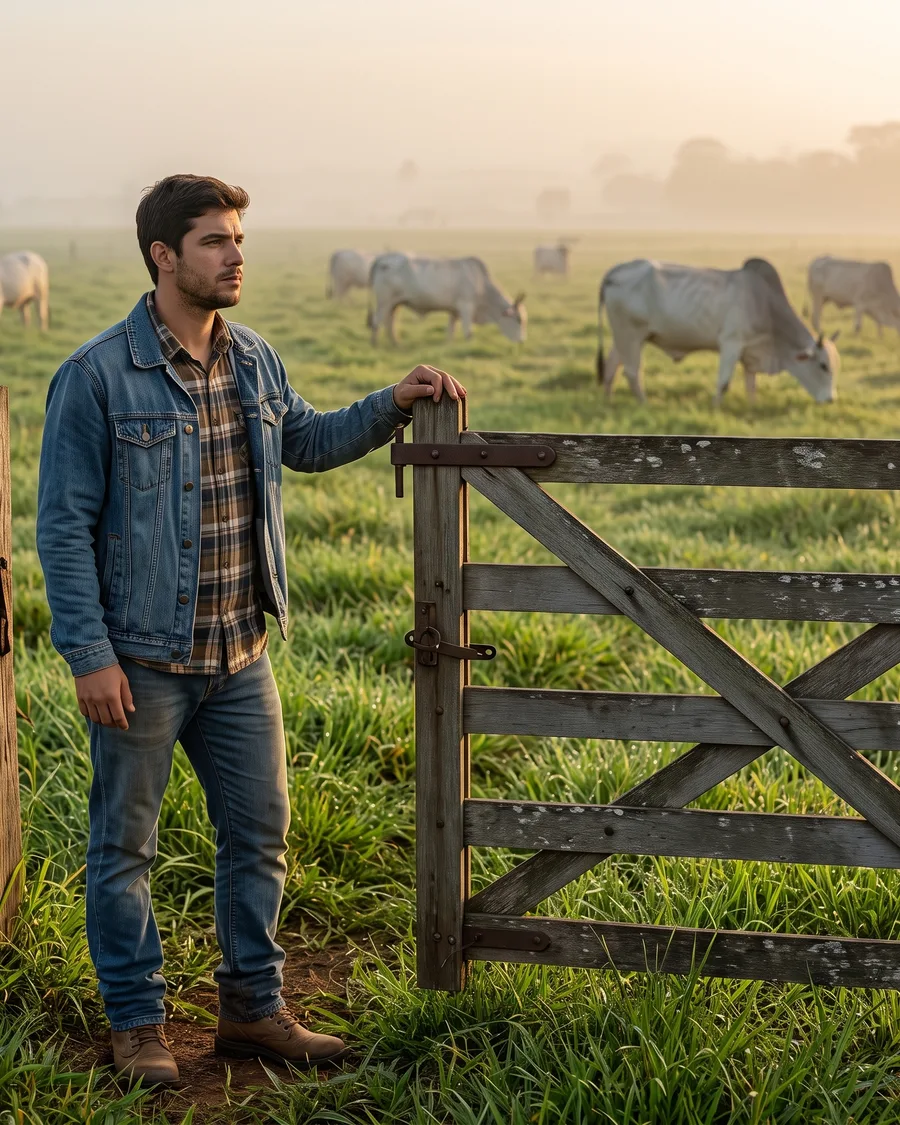 Jovem produtor na porteira, olhando o pasto com gado ao fundo