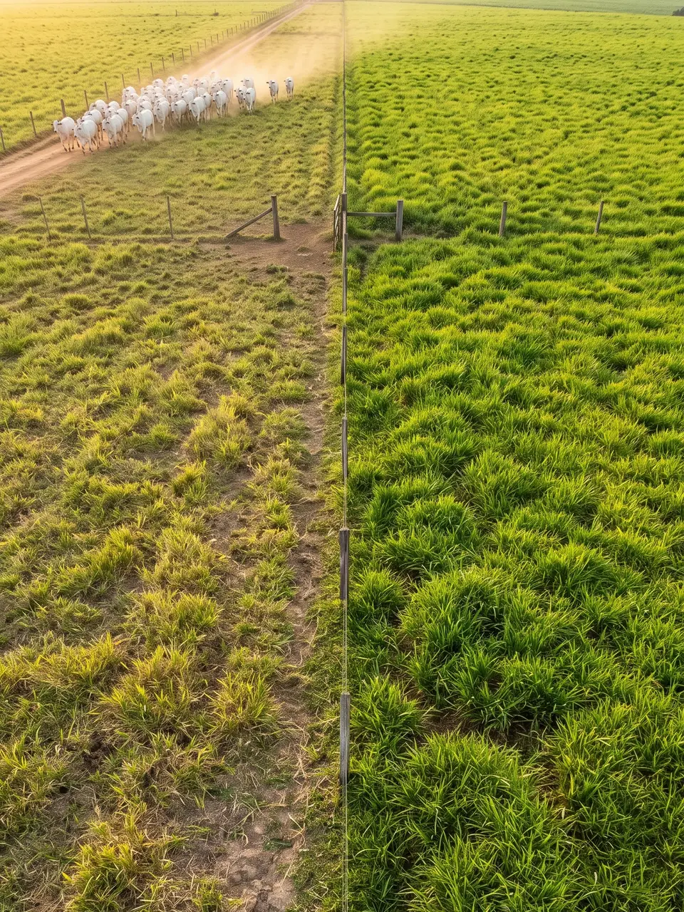 Vista aérea dividida mostrando pasto degradado de um lado e pasto saudável do outro, com boiada entrando
